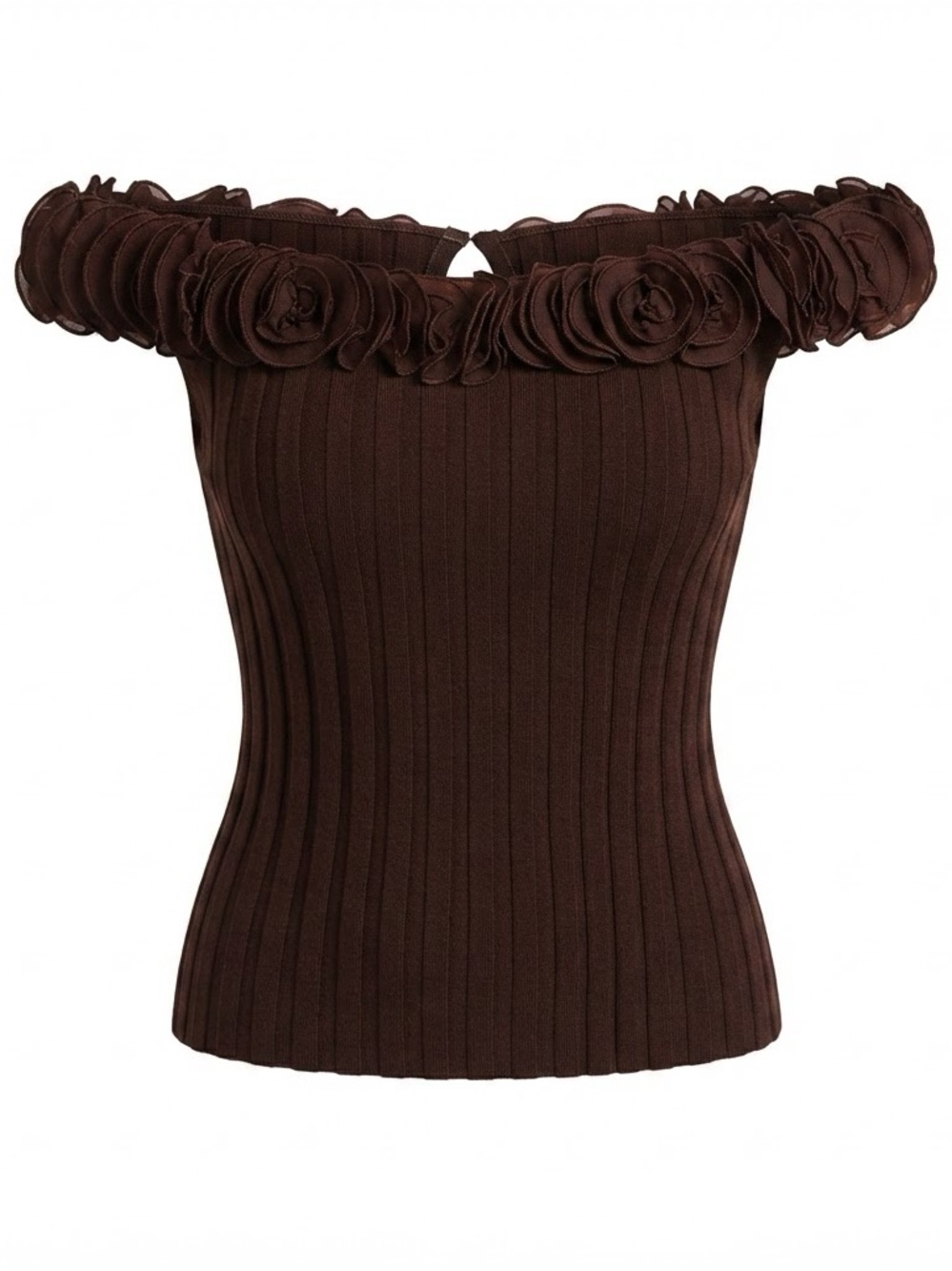 Belldini Chocolate Brown Ribbed Off-Shoulder Top with Rose Trim